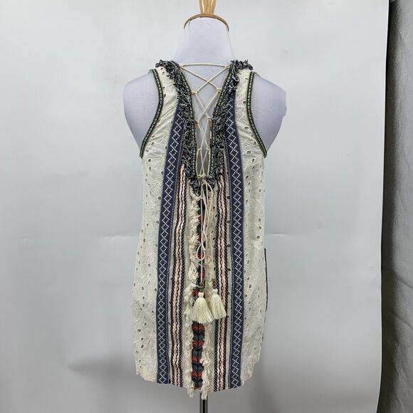 Artelier Nicole Miller Tank Top Women P Petite Embroidered Fringe Lace Up Tassel - Picture 7 of 14